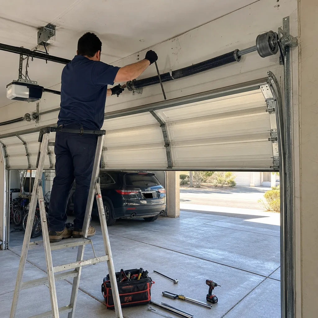 Technician performing professional garage door spring repair and maintenance