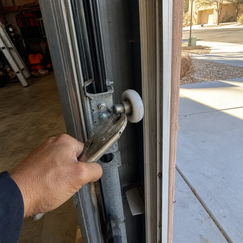 Technician using pliers to repair a garage door roller mechanism
