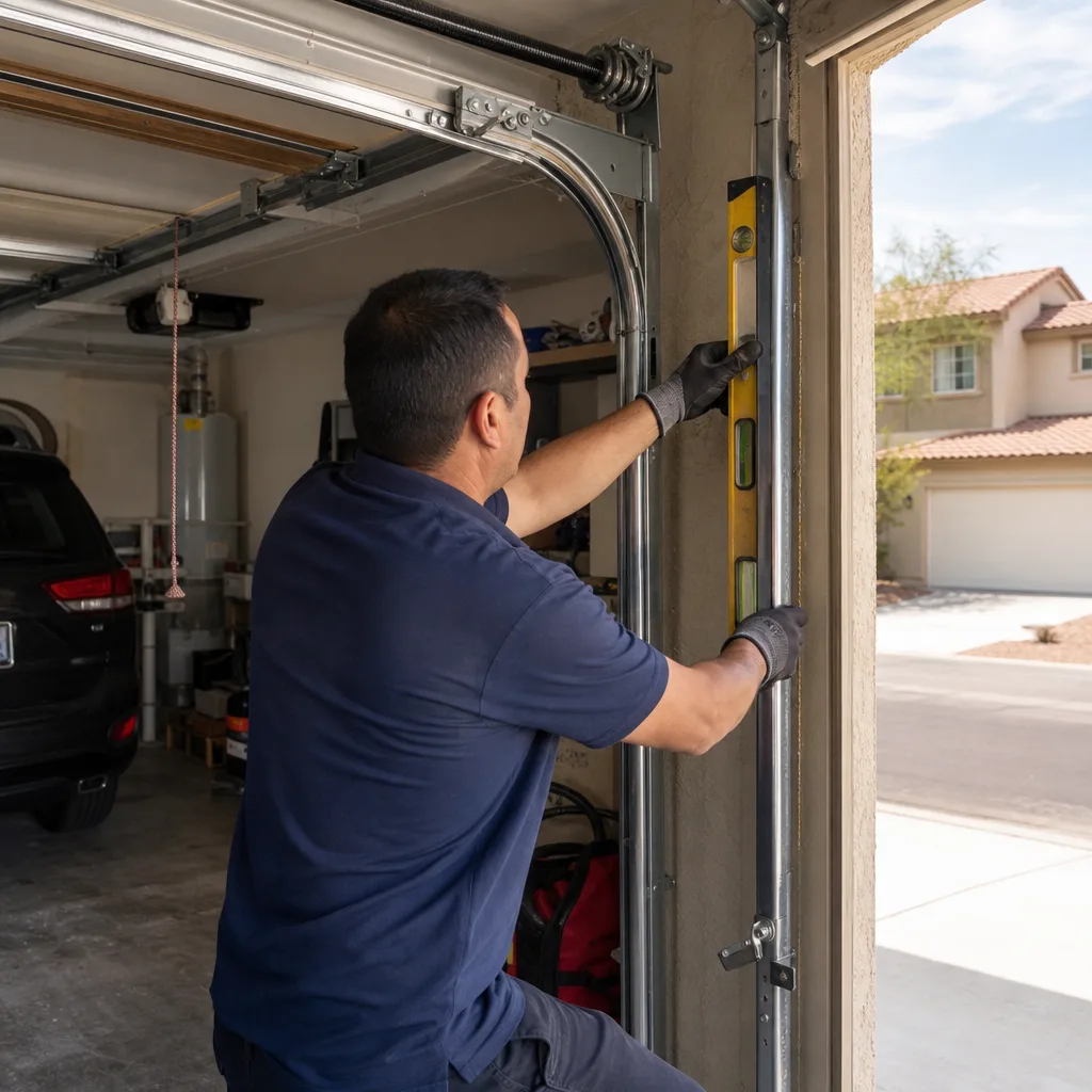 Technician using a level to align a garage door track