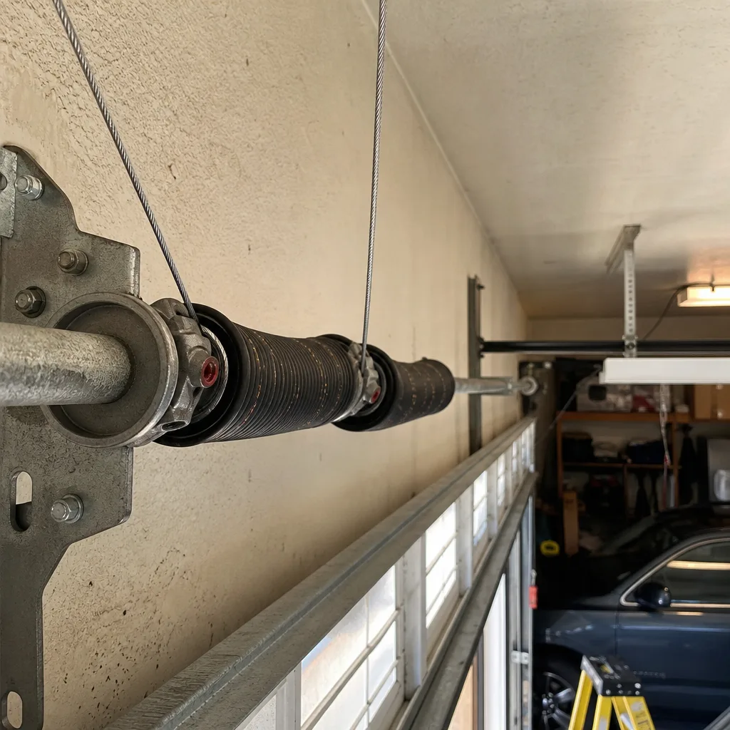Garage door torsion spring and cable assembly during professional repair service