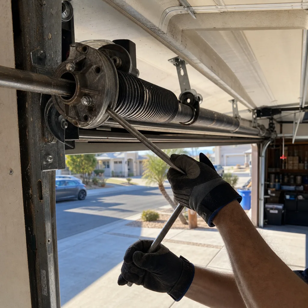 Technician performing professional garage door spring repair using a winding bar.